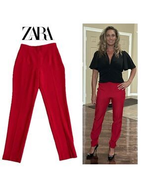 Zara Women's Red high waist high rise tapered slim fit ankle Pants Sz M